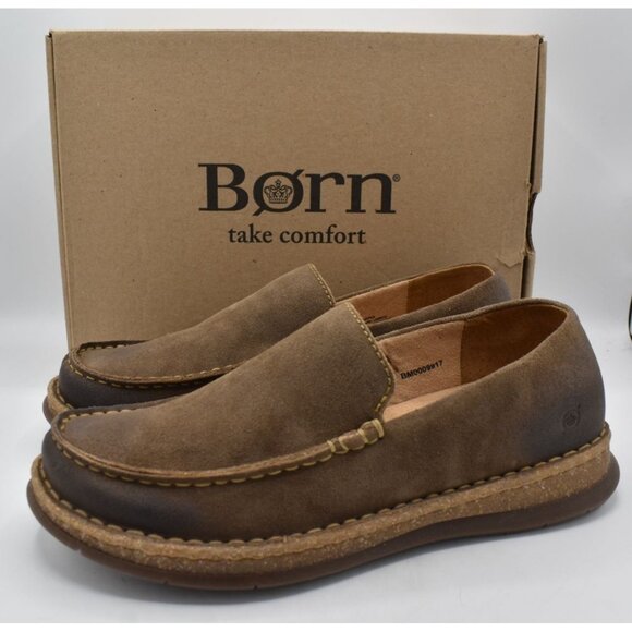 Born Mens Size 9.5 Baylor Taupe Distressed Suede Slip On Loafers Shoes - Picture 1 of 13